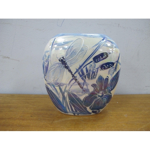 1256 - Anita Harris Blue and White Lustre 'Dragonfly' Purse Vase, gold signed, 12cm high.