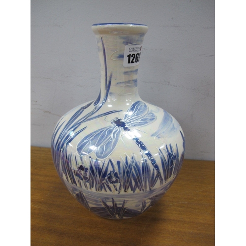 1262 - Anita Harris Blue and White Lustre 'Dragonfly' Long Neck Vase, gold signed, 23.5cm high.