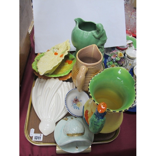 1311 - Sylvac Jug Vase, No 1969, Burleigh jug with parrot handle, other jug, wall pockets, leaf dishes, Poo... 