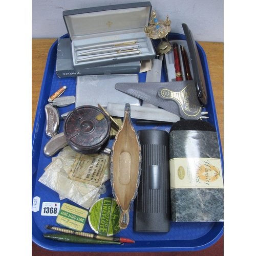 1368 - Parker Pens, plated cigarette case, pen knives etc:- One Tray.