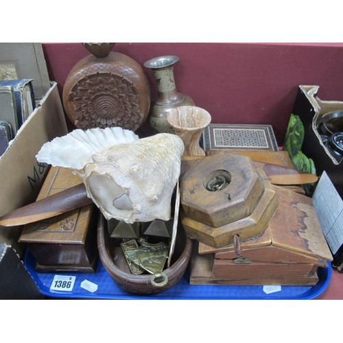 1386 - Collectable Wooden Items, including a Shell lamp, music boxes, brassware:- One Tray