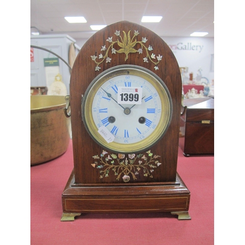 1399 - Early XX Century Mahogany Arch Cased Mantel Clock, inlaid with brass mother of pearl and nacre, eigh... 