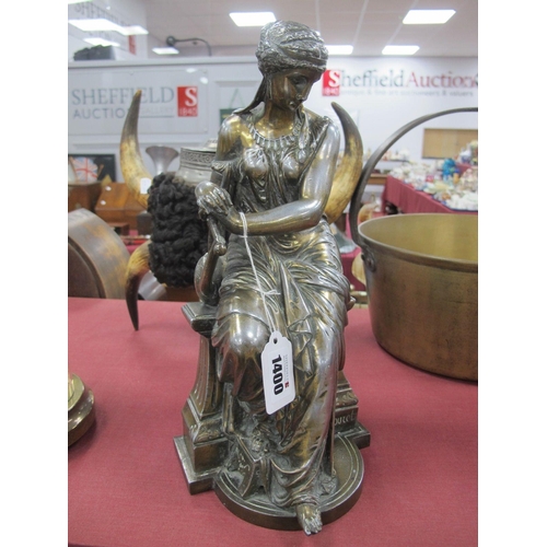 1400 - 19th Century Cast Metal Figurine of a Girl in Ancient Roman Clothing (?) holding a Lyre. 32cms high