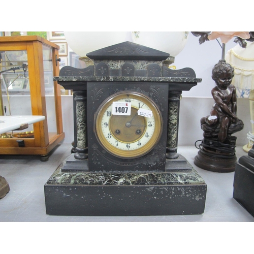 1407 - A XIX Century Black Slate Mantle Clock, with circular dial, column supports, plinth base.