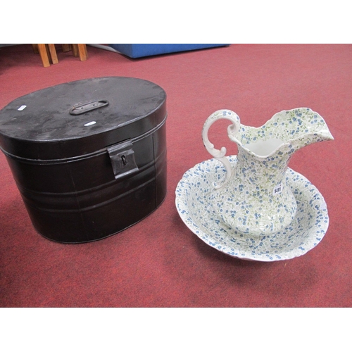 1411 - A XIX Century Jug and Bowl, decorated with Forget Me Not's, together with a XIX Century tin hat box.