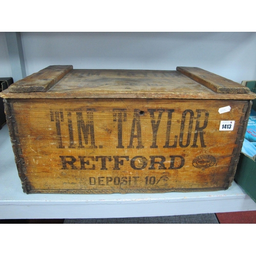 1413 - A Tim Taylor Wooden Advertising Crate, 50cm wide, Rowntrees tin, Triang track, etc.