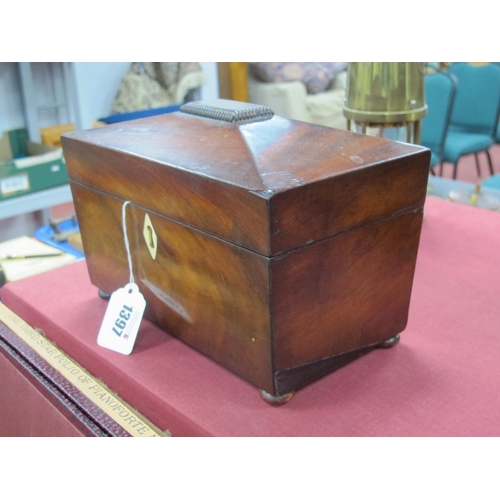 1397 - A XIX Century Mahogany Tea Caddy, of sarcophagus form, with internal twin lidded compartments, on fo... 