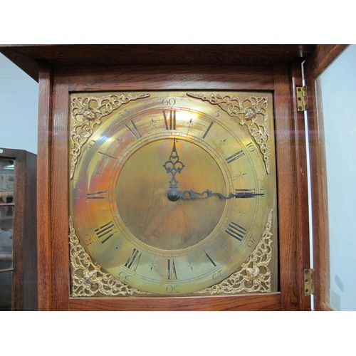 1472 - XVIII Century Style Oak Longcase Clock, the hood with a stepped pediment, the brass dial, with Roman... 