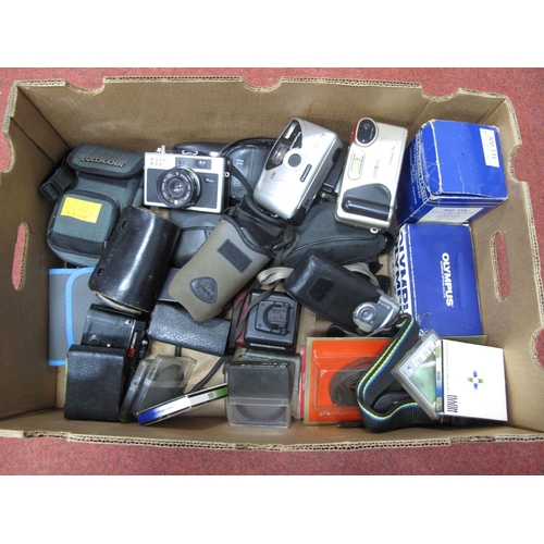 705 - Richo Camera, Olympus, Minolta, Kikon, Konica body, Centon ring flash, many filters and shoulder str... 