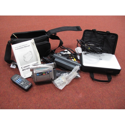 750 - Proling Portable DVD/Video Battery, Battery Charger, Mains Charger, all in carry bag, plus Canon MV ... 