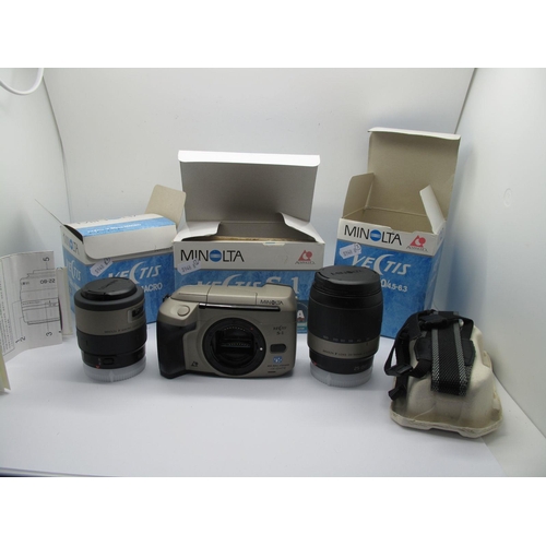 757 - Minolta Vectis S1 Camera, camera strap and instructions, plus Minolta 25-150 lens and one other Mino... 