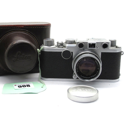 908 - Leica IIf 1956 Camera, with Summicron f=5cm 1:2 No 1479905 lens , in brown leather case.