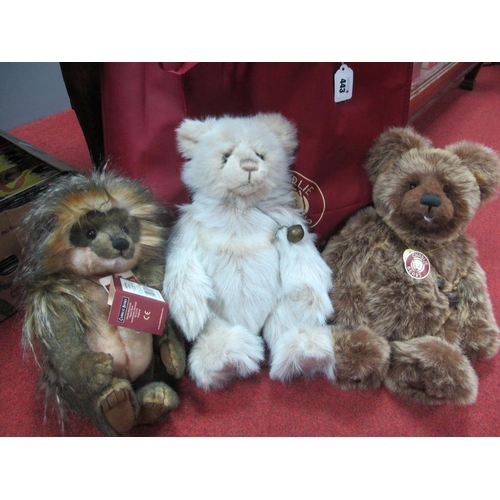 443 - Three Charlie Bears - CB173704 Bramwell, CBV641504 Quill-I-Am, CB151536 Mabel, in Charlie Bears Bag,... 