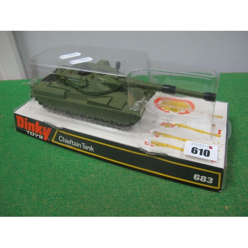 610 - A boxed Dinky Toys 683 Chieftain Tank, very good condition, ammunition present. Box and plastic in g... 