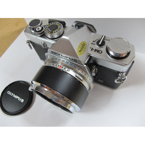 775 - Olympus OM-1 with Olympus Zuiko Auto-S f=50mm Lens, focus screen eye cup 1 lanyard, shoe, boxed - Ol... 