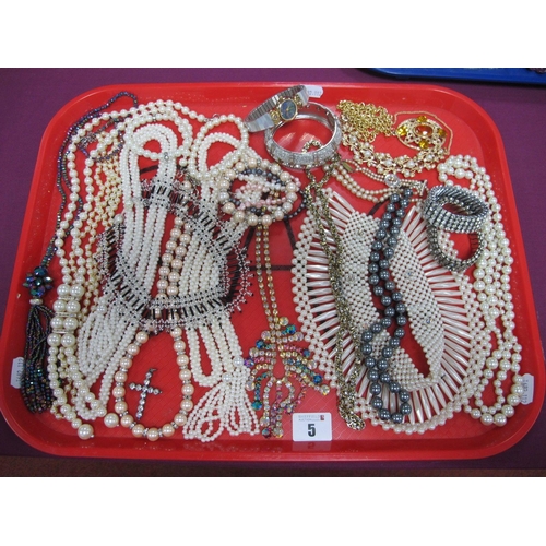 5 - Imitation Pearl Necklaces, fresh water pearl bracelets, diamanté bracelets, ladies wristwatch, etc :... 