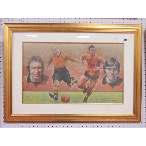 317 - Stephen Doig: Wolves Montage, featuring Bailey, Wright, Bull and Richards, pastel artwork, 29.5 x 49... 