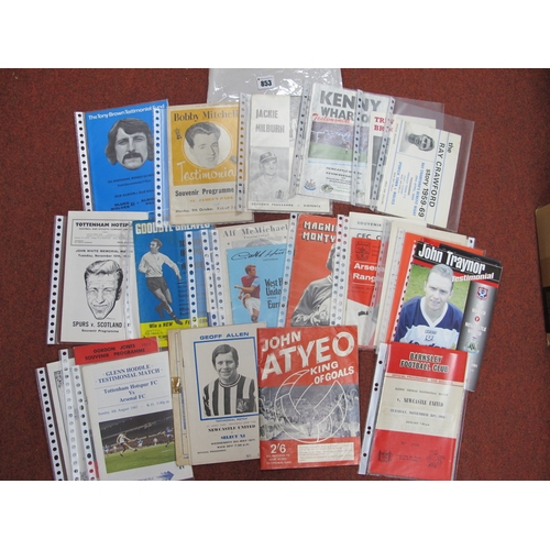 853 - Testimonial Programmes, including Atyeo, Stan Anderson, Hoddle, Clough, Hurst, Greaves, Milburn, Bob... 