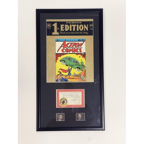 237 - Famous 1st Edition Action Comics #1 signed by Siegel and Shuster, framed with certificate.