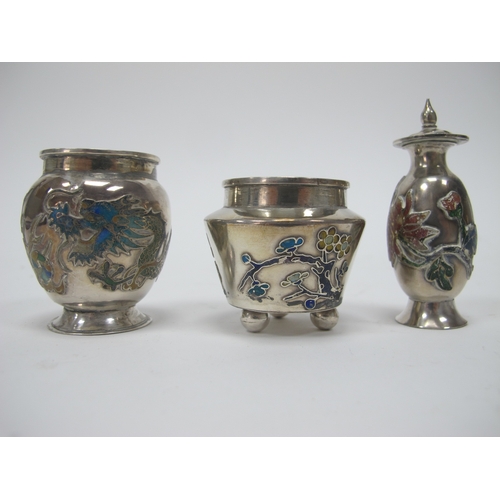 1091 - Two Chinese Late XIX Century Silver Miniature Vases, cast and painted in enamels with flowers and dr... 