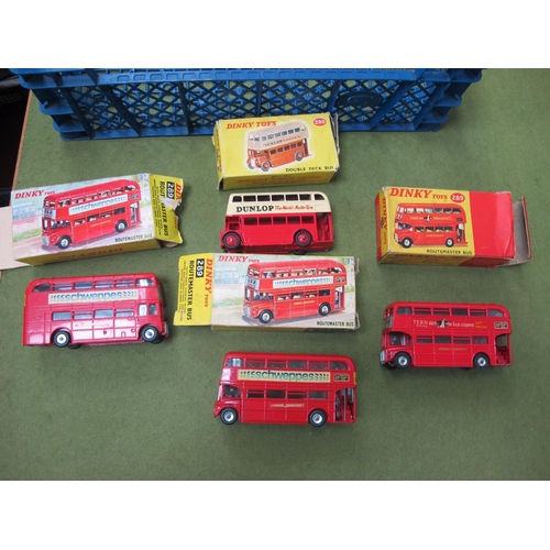 376 - Four Dinky Diecast Model Routemaster and Double Decker Buses, including #290 red/cream livery 'Dunlo... 