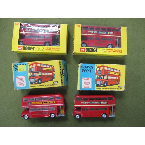 386 - Four Corgi #468 Diecast Model London Transport Routemaster Buses, red liveries all with 'Outspan' br... 