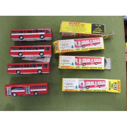 420 - Four Boxed Dinky #283 Diecast Model Single Decker Buses, Red liveries, 'Red Arrow', small chips/rubb... 