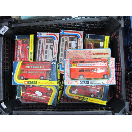 423 - Eight Boxed Corgi Diecast Model London Transport Double Decker Buses, #468 Red 'Outspan' (5), #471 S... 