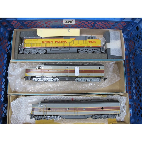 428 - Two 'HO' Gauge U.S.A. Outline E.M.D Locomotives, 'Erie Lackawanna', red/silver livery, R/No. 828 and... 