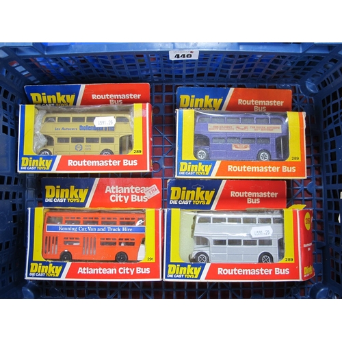 440 - Four Dinky Diecast Model Double Decker Buses, comprising of three #289 Routemaster Buses, Gold - Les... 