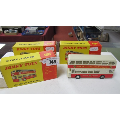 749 - Three Dinky #292 Diecast Model Leyland Atlantean Buses, corporation Transport (2), Ribble (1), all w... 