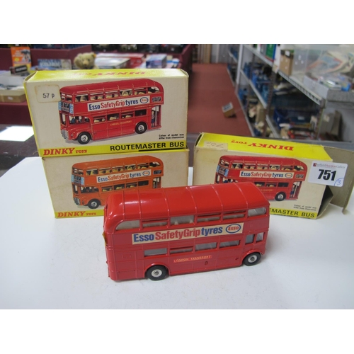 751 - Three Dinky #289 Routemaster Buses, Red liveries, all with Esso Safety Grip Tyres branding, small ch... 