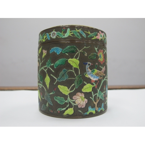 1092 - An Early XX Century Chinese Silver Circular Jar and Cover, decorated in enamels with exotic birds pe... 