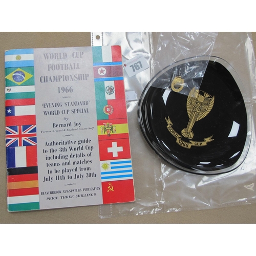 767 - World Cup 1966 - Triform black glass ashtray featuring Jules Rimet Trophy in gilt, 15cm wide. Evenin... 