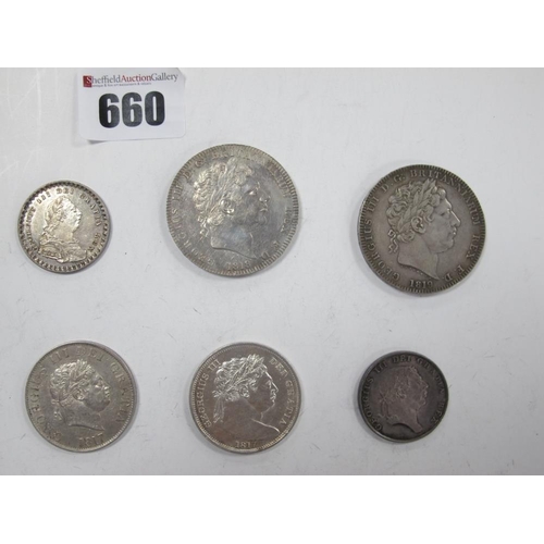 660 - XIX Century GB George III Silver Coins, include 1811 and 1812 Bank Tokens, total weight 99g.