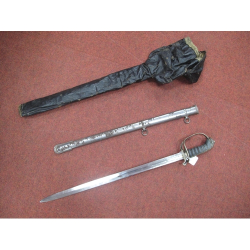 442 - British Short Sword Steel Three Bar Hilt, fish skin wire bound grips and domed pommel, etched fuller... 