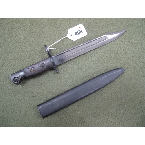 450 - Post WWII Enfield British Bayonet and Metal Scabbard, marked on Ricasso 'P' in circle and 1947.