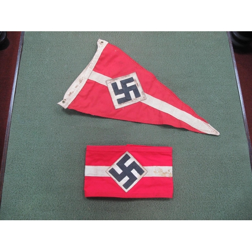 458 - Hitler Youth - A Pennant and Arm Band, with white stripe, both red ground with black swastika on whi... 