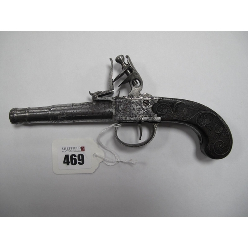 469 - A Queen Ann Style Flintlock Pistol, with turn off tapering cannon barrel, engraved with leafy flouri... 