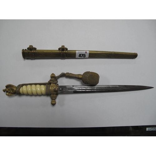 475 - A WWII German Navel Officers Dress Dagger with Scabbard, Eagle pommel white baklite grip, double edg... 