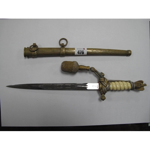 476 - A WWII German Naval Officers Dress Dagger with Scabbard, Eagle pommel white baklite grip, double edg... 