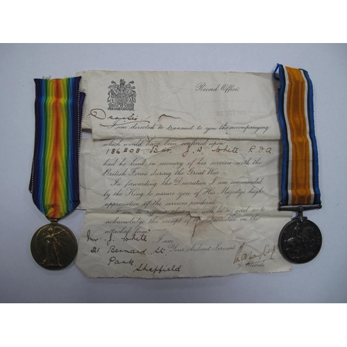 496 - A WWI British War Medal and Victory Medal, issued to Bdr J.W White Royal Field Artillery 186208 also... 