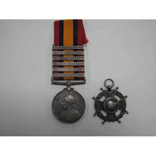 499 - Boer War South Africa Medal, with six bars, Pte A. Tyler 2574 1st Essex Regiment, bars include Belfa... 