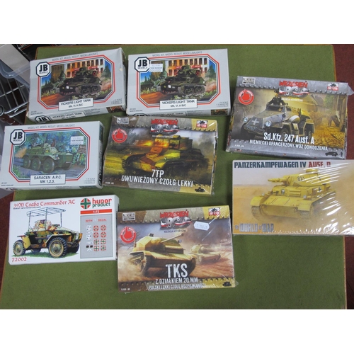 391 - Eight Boxed 1:72/1:76 Scale Plastic Model Military Vehicle Kits, by JB Models, Wrzesien and other in... 