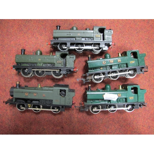 396 - Five 'OO' Gauge/4mm G.W.R Class 0-6-0 tank Steam Locomotives, G.W.R green, three Tri-ang, one Lima, ... 