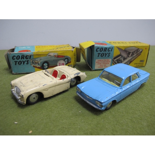 780 - Two Boxed Corgi Toys Diecast Model Vehicles, comprising of No. 229 Chevrolet Corvair, mid blue body ... 