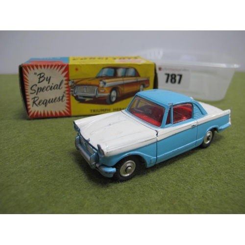 787 - A Boxed Corgi Toys No. 231 Diecast Model Triumph Herald Coupe, mid blue top/bottom, white centre, ch... 