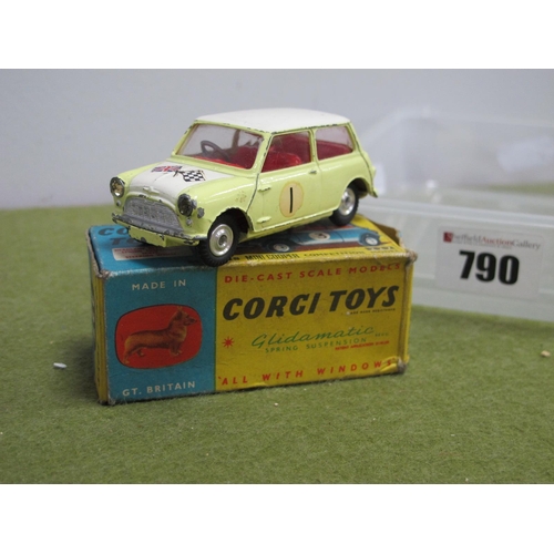 790 - A Boxed Corgi Toys Diecast Model No. 227 Morris Mini Cooper, primrose yellow body, red interior, whi... 