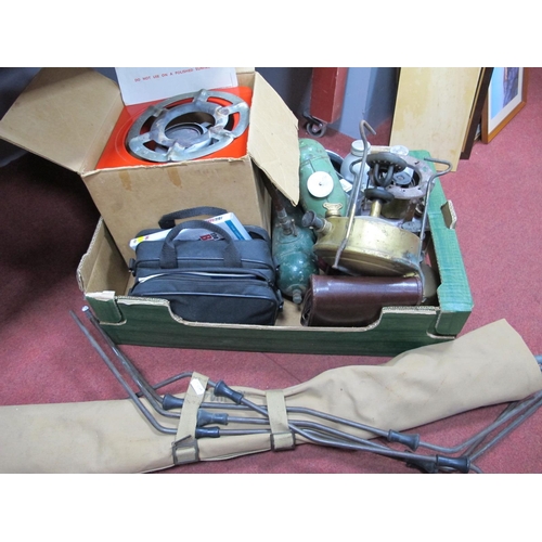 1049 - A Military Camp Bed, camping stove, etc:- One Box.