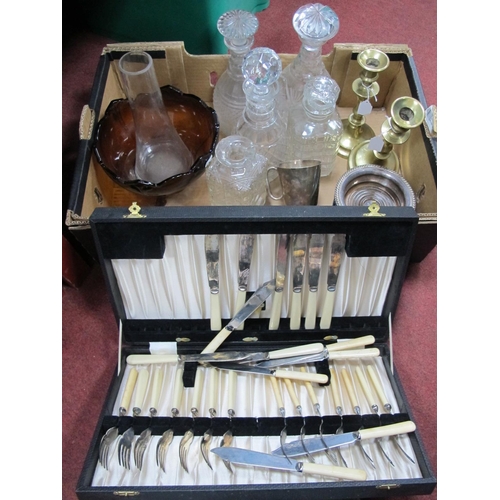 1079 - Five Decanters, pair of brass candlesticks, coasters, etc:- One Box.